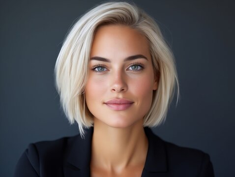 A woman with blonde hair and blue eyes wearing a black blazer