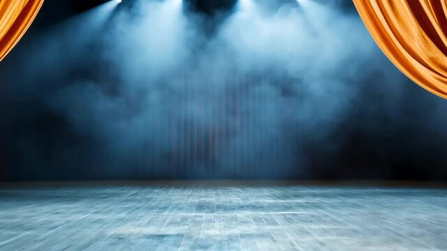 The empty theater stage is adorned with luxurious black and gold velvet curtains that hang elegantly, creating a striking visual contrast against the stark backdrop.