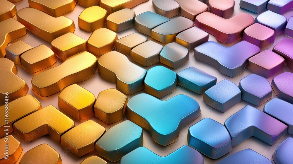 Poster a 3d geometric pattern of interlocking hexagons in vibrant metallic colors.