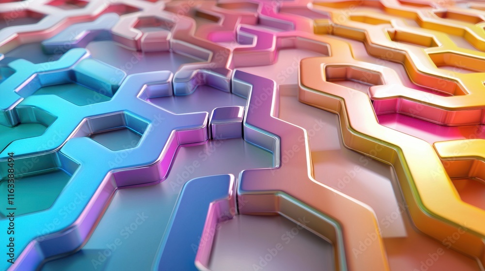 Poster a 3d geometric pattern of interlocking hexagons in vibrant metallic colors.