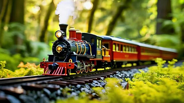 a toy train  moving along  a track