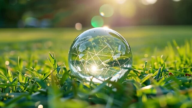 This image features a stunning bubble placed delicately on vibrant grass. Light reflects off the bubble, creating a serene atmosphere. Ideal for nature and wellness themes. Generative AI