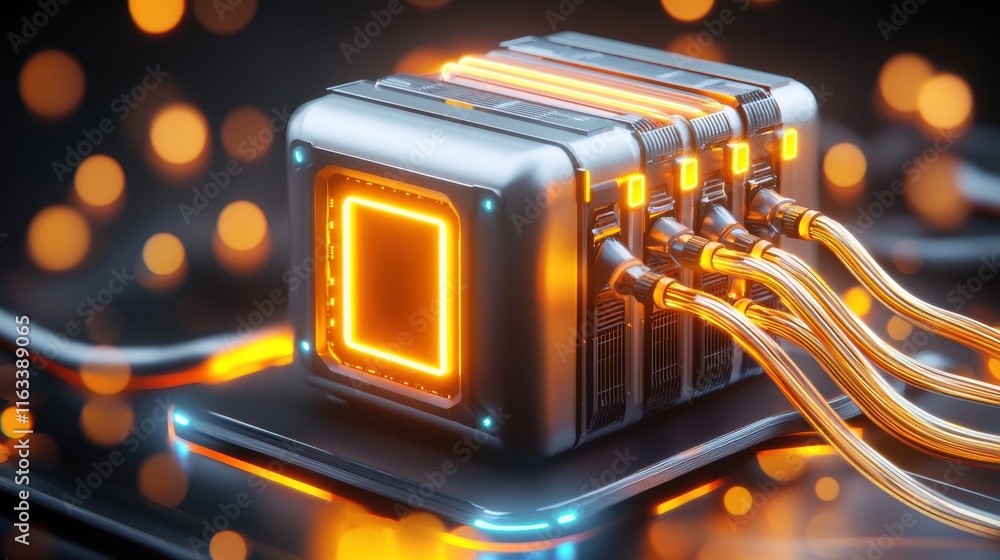 Poster a 3d server icon with glowing data cables and detailed textures.