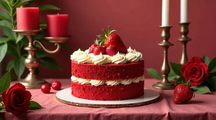 Delicious Red Velvet Cake with Fresh Strawberries and Cream Cheese Frosting, Decorated with Romantic Candles and Roses on a Table
