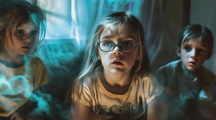 Three Children Pensive Portrait: Siblings in Mysterious Setting