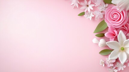 A banner showcasing pink and white florals with delicate greenery on a pastel background.