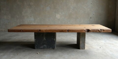 Rustic Wooden Tabletop on Industrial Concrete Base, Perfect for Modern Interior Design