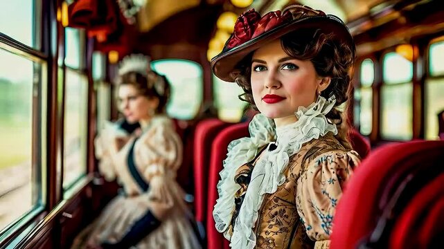 a woman in Victorian dress on a train