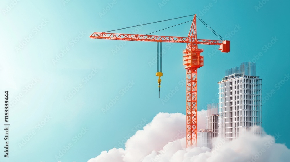Poster a bright red crane set against the backdrop of a partially constructed skyscraper.