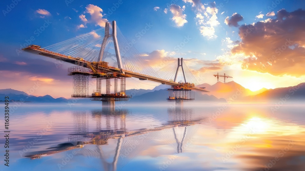Poster a cable-stayed bridge under construction with cranes and temporary supports.