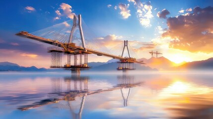 A cable-stayed bridge under construction with cranes and temporary supports.