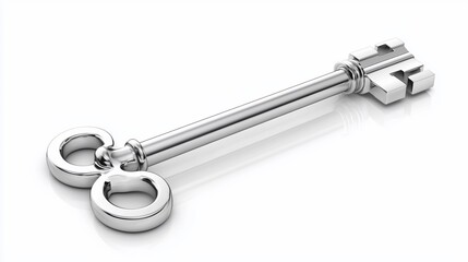 Polished silver skeleton key isolated on white.
