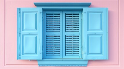 Fototapeta premium Pastel pink wall with open light blue window shutters. (1)