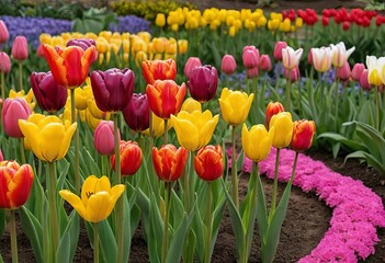 A garden filled with colorful tulips in bloom