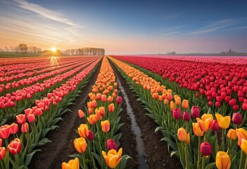 A field of vibrant red and yellow tulips at sunrise