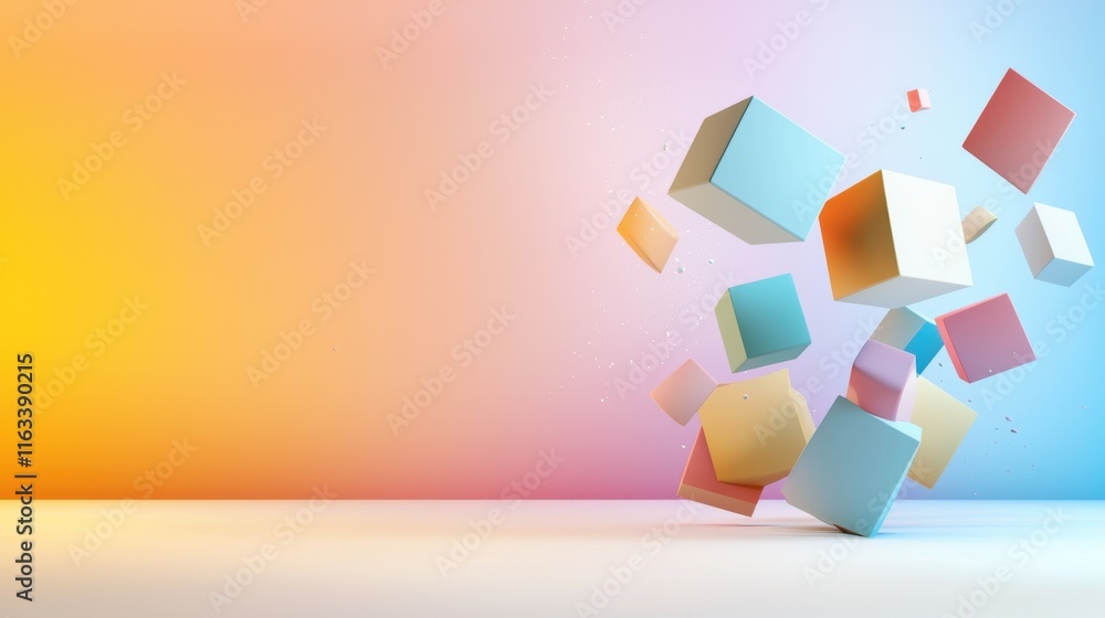 Aufkleber a colorful 3d abstract background with geometric shapes floating in mid-air.