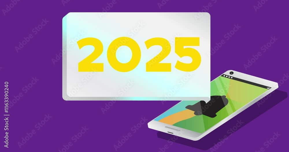 Poster number 2025 on notification bubble from portable information device screen. mobile app message, conn