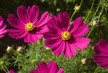 A close-up of dark pink cosmos flowers in bloom