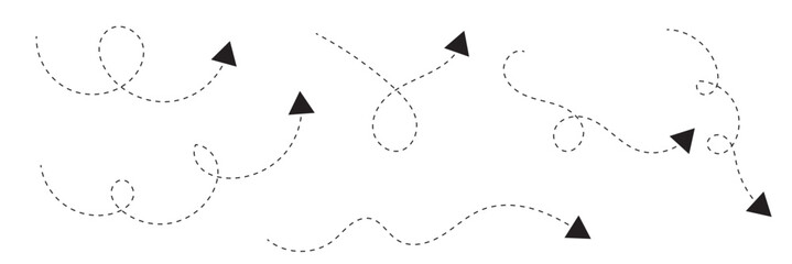 Hand drawn dotted arrow shape. Curved arrow line. Arrow icon collection. Vector illustration isolated on white background.