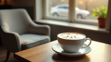 Obraz premium A delightful bunny-shaped latte art adorns a steaming cup of coffee, resting on a wooden table beside a comfortable armchair, bathed in soft sunlight streaming through a nearby window.
