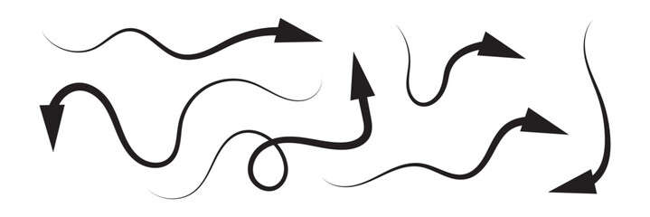 Hand drawn dotted arrow shape. Curved arrow line. Arrow icon collection. Vector illustration isolated on white background.