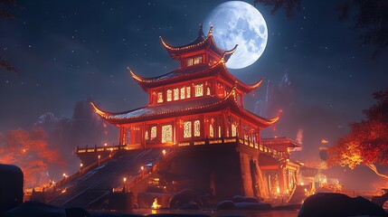 A Beautifully Decorated Chinese Temple Glowing Under the Night Sky