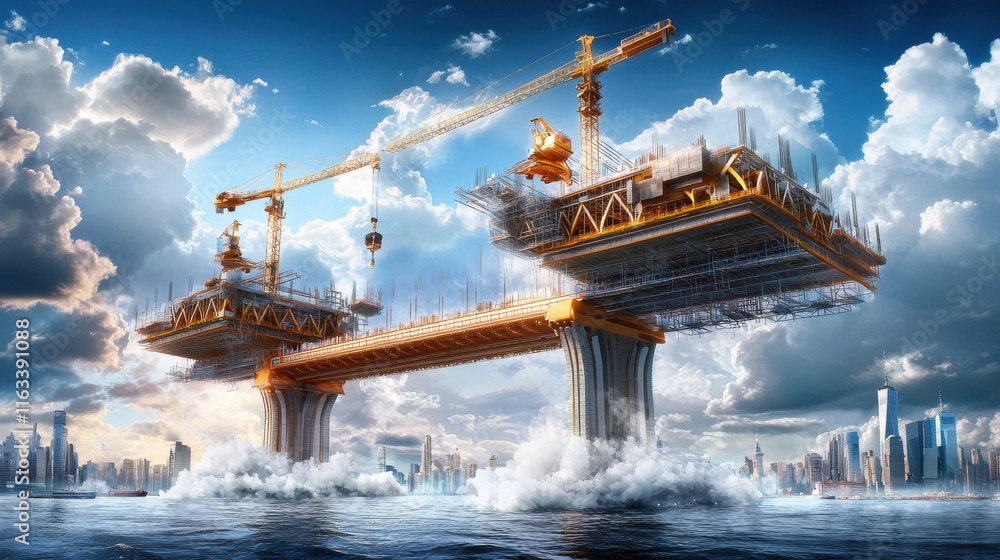 Poster a dramatic perspective of a bridge being built with massive cranes and scaffolding.