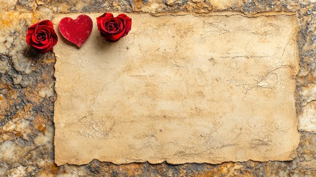 Romantic Valentine's Day message on aged paper with roses and hearts.