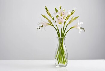 A white vase filled with white gladiolus flowers on a white background