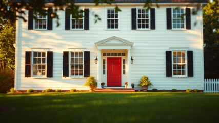 Fototapeta premium Classic White House with Vibrant Red Door and Lush Green Lawn