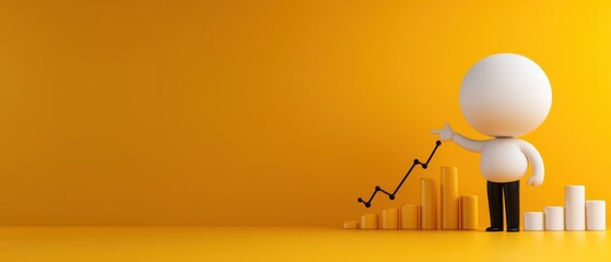 A character analyzing growth with a chart on a bright yellow background.