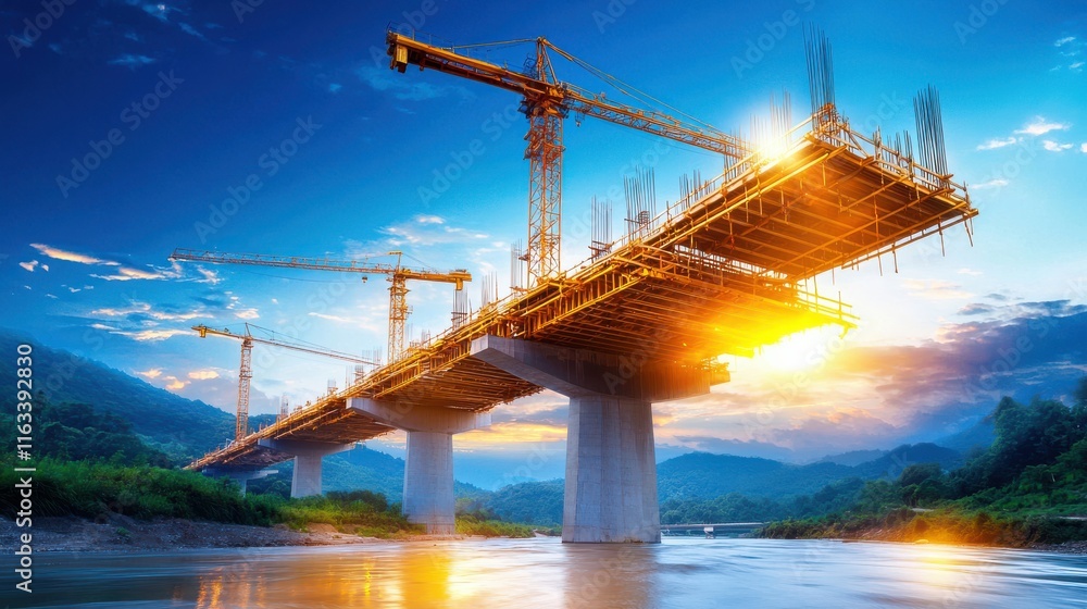 Poster a massive bridge under construction with cranes and scaffolding over a river.