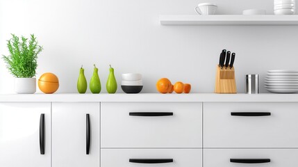 A minimalist white kitchen cabinet with sleek black handles, creating a clean, sophisticated look.