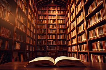 A traditional library with wooden shelves, the habit of reading books and mindfulness