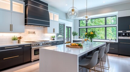 A modern kitchen with contrasting black and white cabinetry and a stylish range hood.