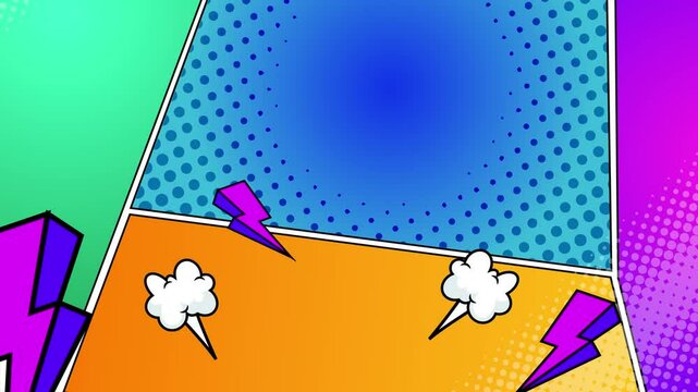 trendy comic explosion and shapes in a dynamic abstract illustration with lightning on a vibrant background seamless 4k video background motion pop art design