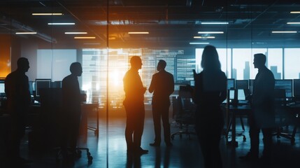 A wide-angle shot of the office showing the diverse team engaged in discussion, with visuals of the project on display.
