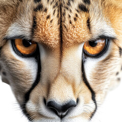 Close-up of a fierce cheetah showcasing its striking features and vibrant eyes, embodying the wild beauty of the animal kingdom.,transparent background