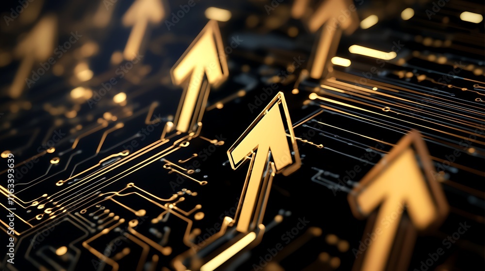 Poster golden arrows pointing upward on a circuit board representing growth and progress