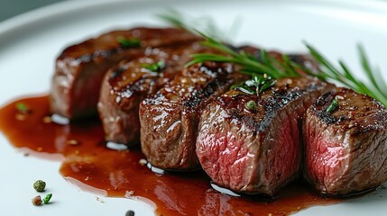 Grilled beef steak with herb and spices. Portion of fried meat cuts with rosemary, garlic, olive oil and ketchup sauce