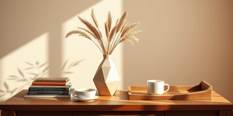 Serene morning ambiance with sunlit tabletop featuring books, a geometric vase holding dried floral arrangements, and a mug on a wooden tray.
