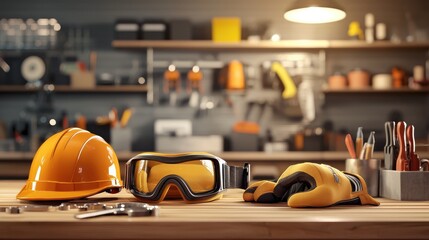 Fototapeta premium A set of safety equipment, including a helmet, gloves, and goggles, placed on a wooden table.