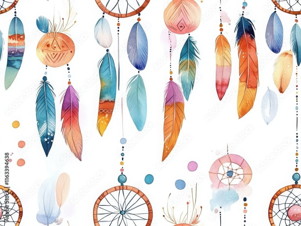 Aufkleber boho nursery decor unique patterns. colorful dreamcatchers with feathers and abstract shapes on a li
