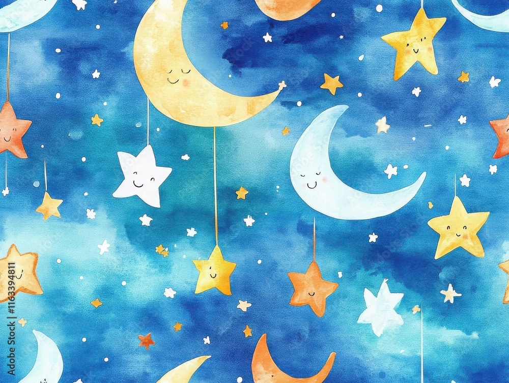 Poster boho nursery decor unique patterns. colorful celestial pattern with stars and moons on a blue backgr