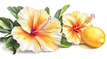 Two Hibiscus Flowers and a Lemon on a White Background