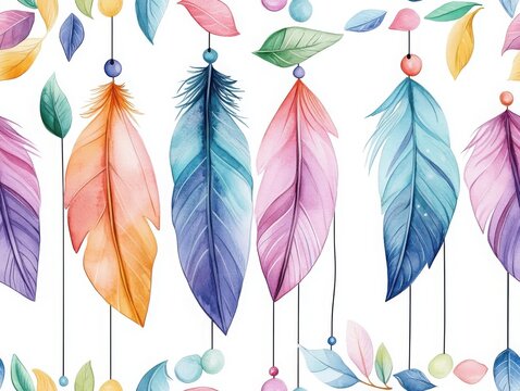 Boho nursery decor unique patterns. Colorful watercolor feathers and leaves on a white background.