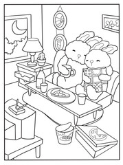 coloring book page cozy night in with two bunnies on a couch, enjoying drinks and watch tv