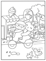 coloring book page two cute rabbits riding a scooter in front of an ice cream shop, with ducks and trees in the background.
