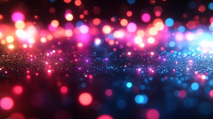 Glittering bokeh lights illuminate a dark surface