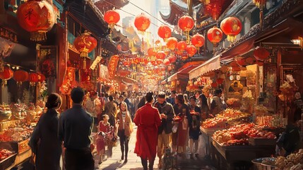 Naklejka premium A Bustling Chinese Marketplace Filled with Red Lanterns and Festive Decorations